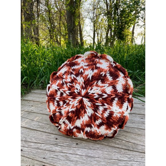Vintage Brown and White Variegated Crochet Round Accent Pillow Hippy Boho - Picture 2 of 11
